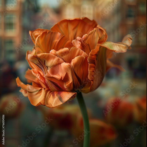 Elegant Ruffled Tulip Close-up with Urban Reflection