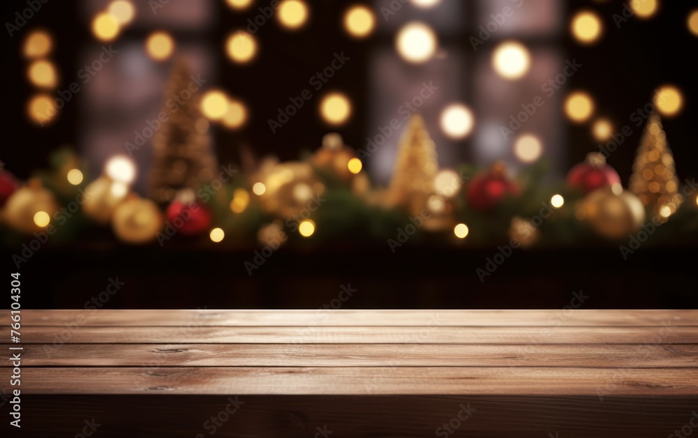 Empty wooden table with christmas theme in background