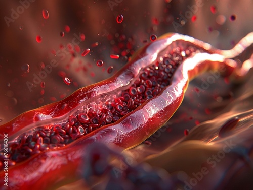 Close-up view of a coronary artery blockage, with plaque and lipids visibly impeding blood flow, highlighting danger