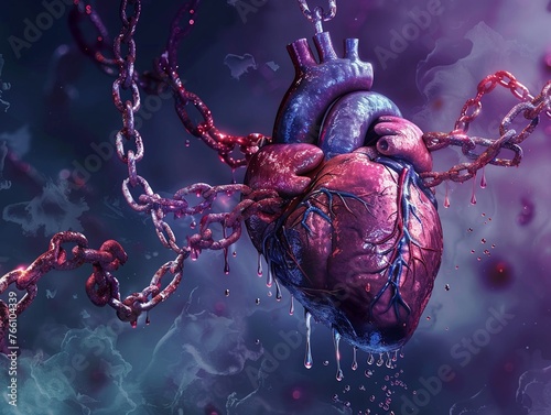 Illustration of a heart ensnared by chains of lipids and plaque, symbolizing coronary artery disease and its dangers