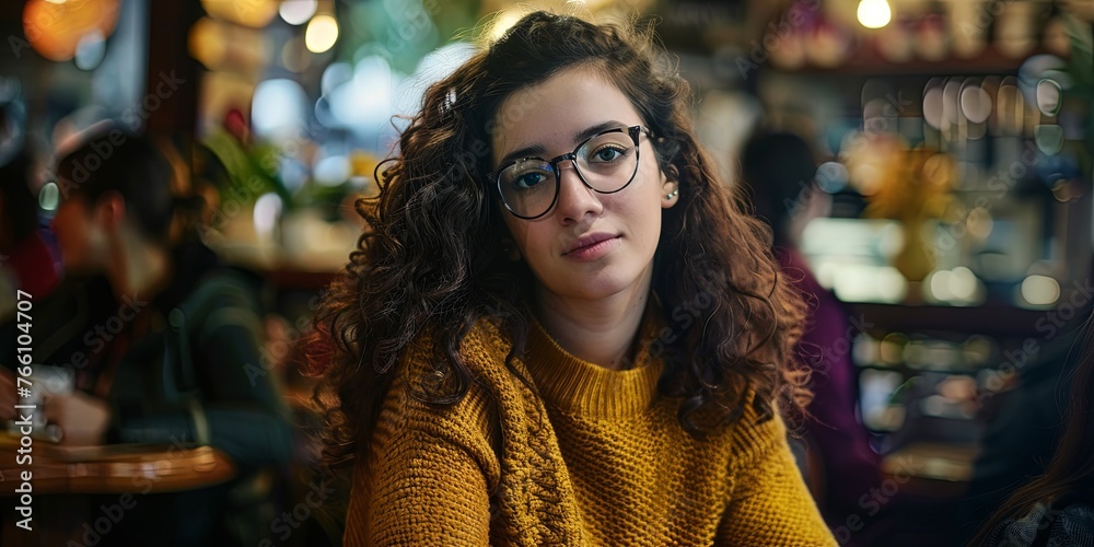portrait of an attractive young woman with glasses, curly hair and wearing a mustard sweater, generative AI portrait of an attractive young woman with glasses, curly hair and wearing a mustard sweater, generative AI