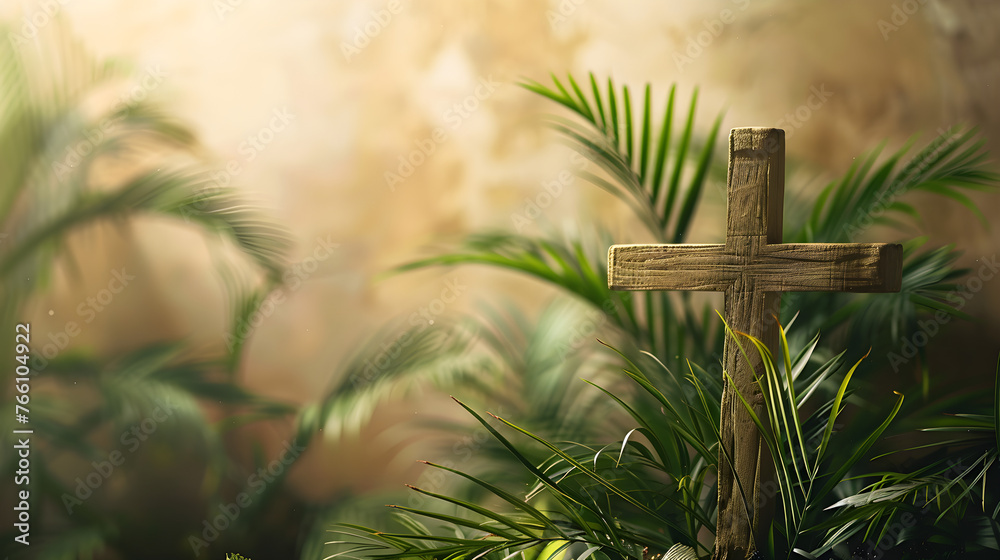 An image of a cross and palm background, representing Palm Sunday and the traditional religious celebration An image of a cross and palm background, representing Palm Sunday and the traditional religious celebration