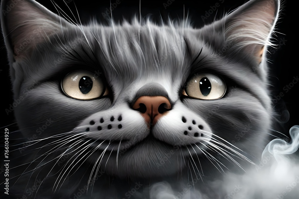 A wide horizontal digital art banner image of a cute gray color cat face with sharp eyes coming out of white smoke in a dark background A wide horizontal digital art banner image of a cute gray color cat face with sharp eyes coming out of white smoke in a dark background
