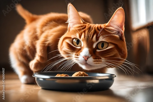 Brown funny cat eat something wrong from food bowl. Domestic ginger cat. Little best friends. Cute domestic animals at home. Beautiful red Abyssinian cat portrait. Low angle close up shot