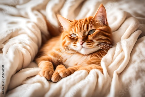 Ginger cat sleeps on his back on a soft white blanket, cozy home and vacation concept, cute red or ginger kitten