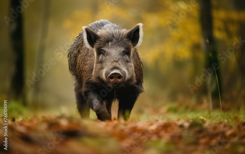 Wild boar walking through forest