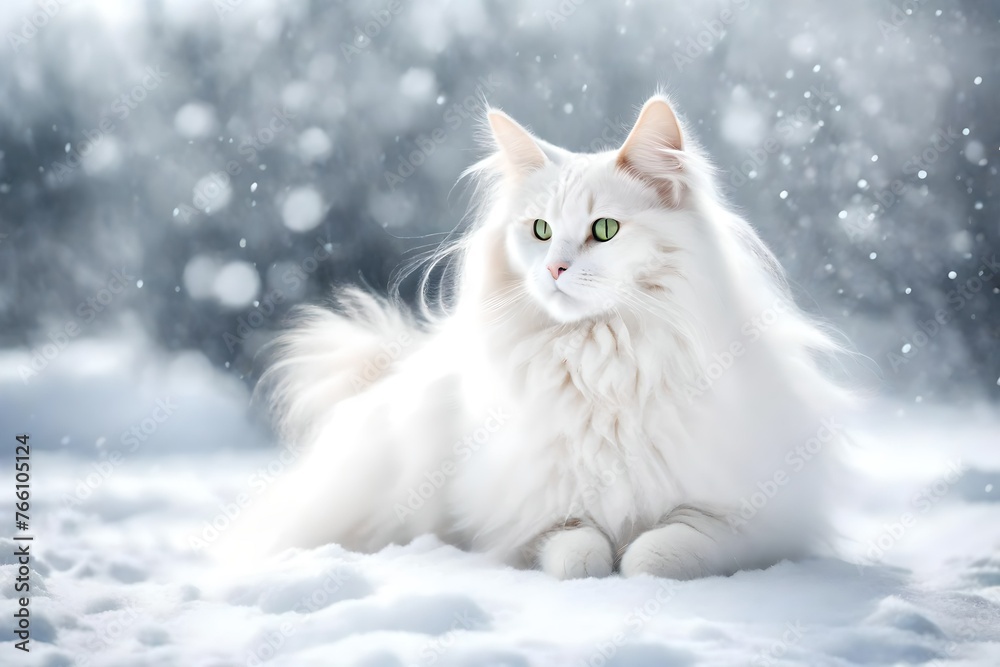 Beautiful white fluffy turkish angora cat on snow background