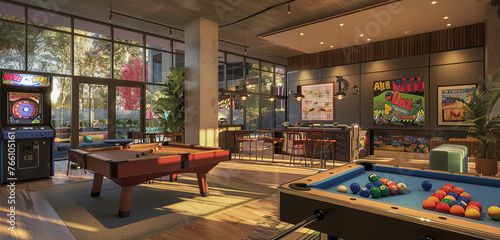 A modern game room with a pool table, foosball table, and arcade games. photo