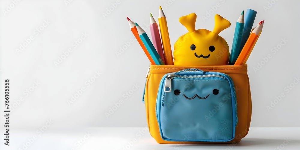 Cheerful Pencil Case Character Organizing Study Supplies and Tools for Successful Work and Learning - obrazy, fototapety, plakaty 