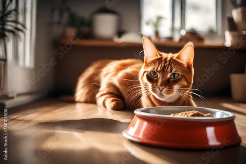Brown funny cat eat something wrong from food bowl. Domestic ginger cat. Little best friends. Cute domestic animals at home. Beautiful red Abyssinian cat portrait. Low angle close up shot photo