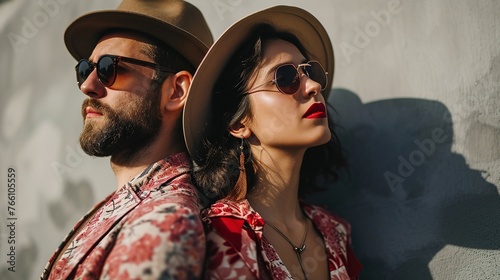 Stylish pair glancing away on a grey background photo