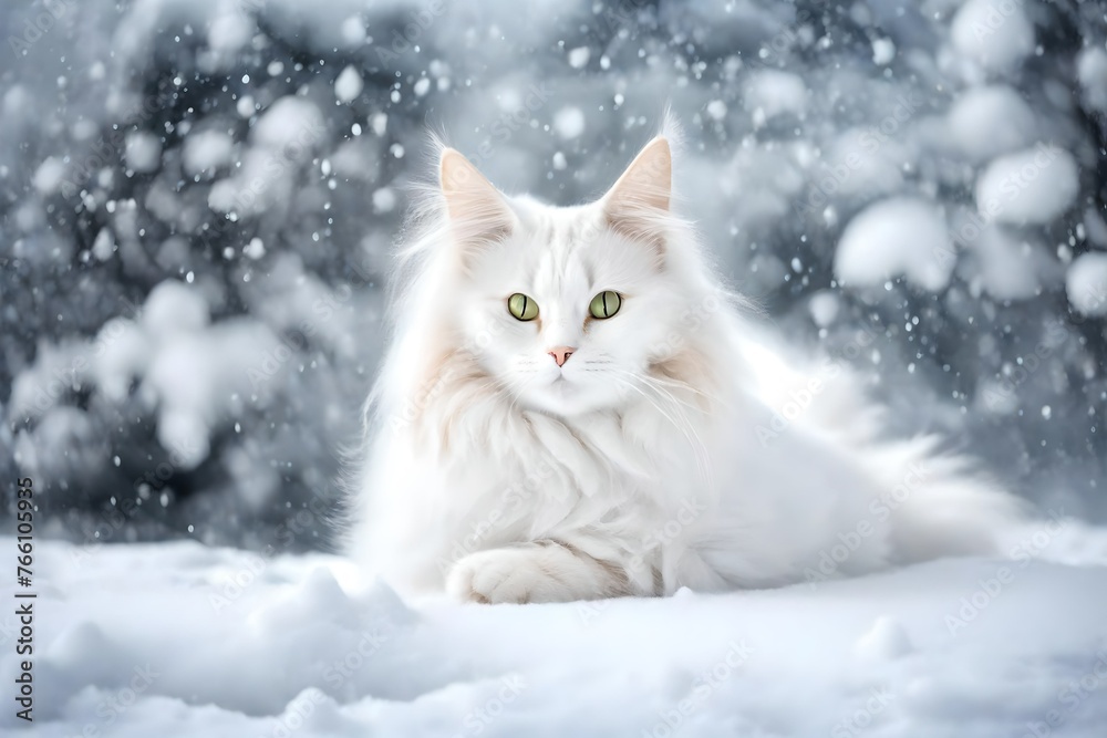 Beautiful white fluffy turkish angora cat on snow background - obrazy, fototapety, plakaty 