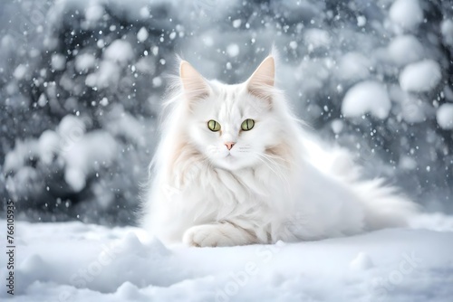 Beautiful white fluffy turkish angora cat on snow background photo