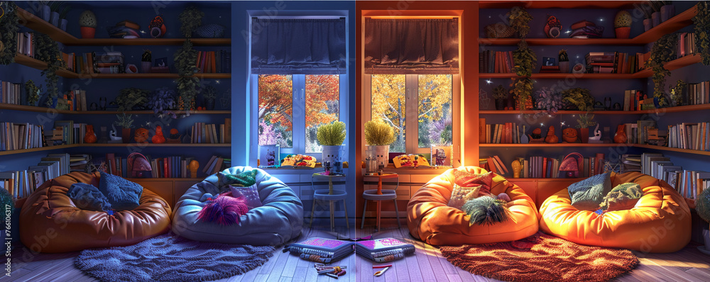 Cozy reading nook, bean bag chairs, vibrant colors, whimsical decorations, surrounded by shelves of books