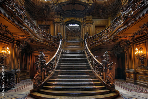 A grand staircase with ornate railings leading up to a majestic mezzanine level. © Abdul