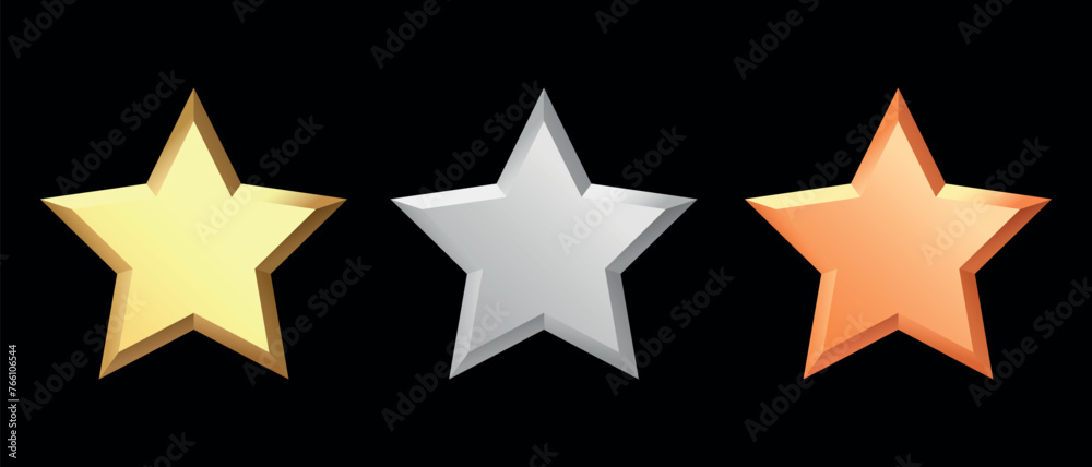 Golden, bronze, silver glossy metallic stars 3d realistic style. Leadership, game award, customer feedback symbol vector illustration isolated on black background Golden, bronze, silver glossy metallic stars 3d realistic style. Leadership, game award, customer feedback symbol vector illustration isolated on black background