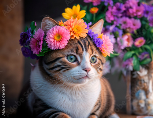 cat with flowers on its head