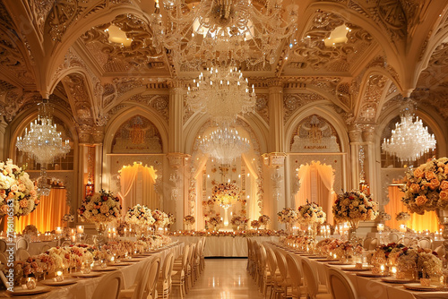 A lavish banquet hall adorned with intricate floral arrangements and sparkling crystal chandeliers. © Abdul