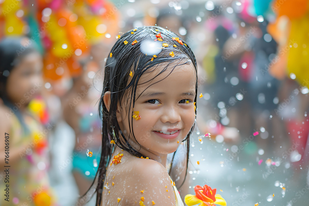 Songkran festival, girl playing in water, water fight, celebration, Thai New Year, Cambodia, Laos, flower petals and water splash
