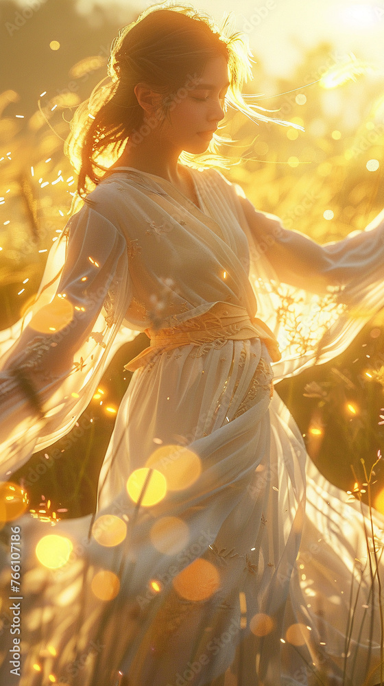 Dancing figure, Flowing robe, Expressing emotions, Finding peace in movement, Sunny meadow