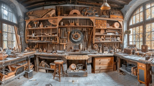 Sunlit Vintage Carpenter s Workshop with Autumnal View