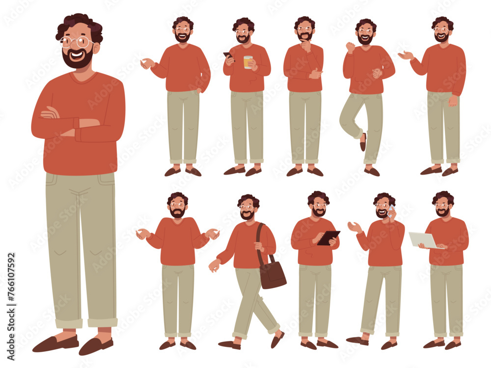 Set of happy male character in different poses on white background. A ...