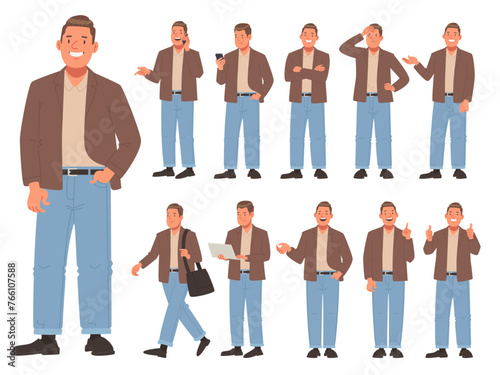 Set of happy man character in casual clothes in various poses on a white background. Male thinks, uses his phone and laptop, and speaks. Vector illustration in flat style