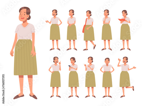 Set of happy woman character in casual clothes in various poses on a white background. Cute girl thinks