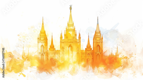 Watercolor illustration of a mormon temple. Painting of the Latter Day Saint church. 