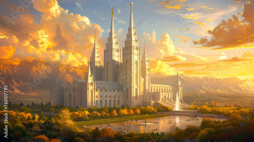 An illustration of the mormon temple in Utah. Latter day saints church of Jesus Christ. Christianity. 