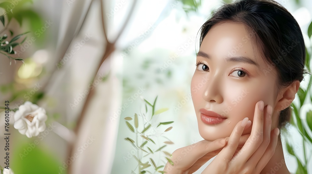 An attractive photo showing the concept of skin care and beauty products includes a portrait of a smiling Asian woman, which reflects her natural beauty and joy. An attractive photo showing the concept of skin care and beauty products includes a portrait of a smiling Asian woman, which reflects her natural beauty and joy.