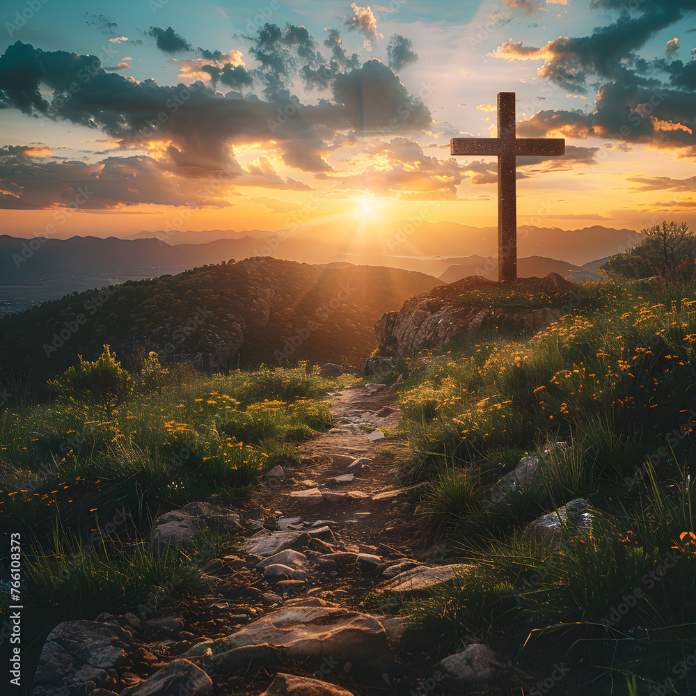 Cross on the hill with a path leading to it, representing the Christian symbol of faith. Perfect for Easter and religious themes. - obrazy, fototapety, plakaty 