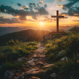 Cross on the hill with a path leading to it, representing the Christian symbol of faith. Perfect for Easter and religious themes.