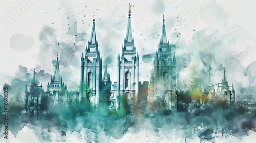 Watercolor illustration of a mormon temple. Painting of the Latter Day Saint church. 