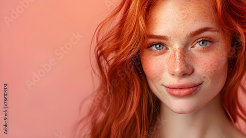  A high-quality photo with space for text demonstrates the concept of skin care, showing a portrait of a beautiful red-haired woman, which emphasizes uniqueness and attractiveness.