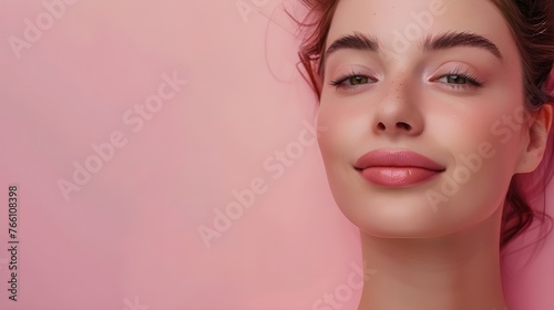 The photo of a happy and well-groomed model girl expresses harmony and beauty, emphasizing the importance of proper skin care and the use of cosmetics.