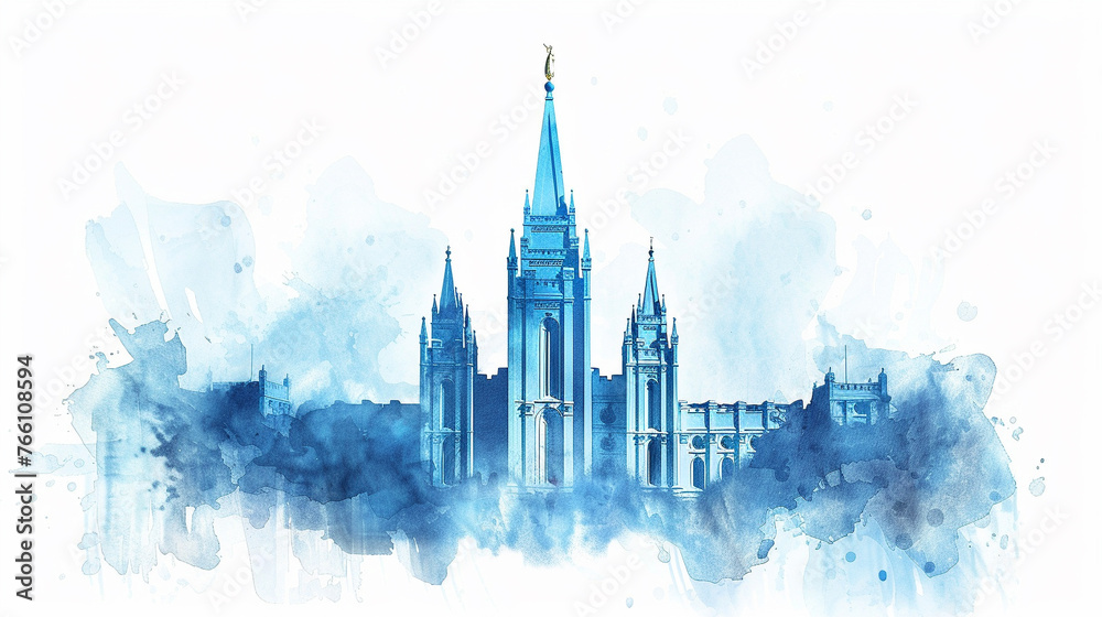 Watercolor illustration of a mormon temple. Painting of the Latter Day Saint church.  - obrazy, fototapety, plakaty 