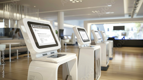 A modern digital check-in station with touchscreen interfaces and self-service options.