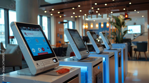 A modern digital check-in station with touchscreen interfaces and self-service options.