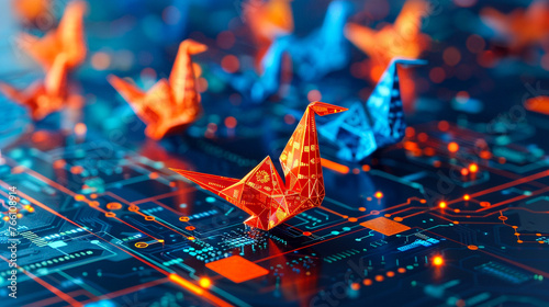 origami animals crafted from tech schematics roam a desktop landscape, each creature representing different aspects of CPU and semiconductor innovation