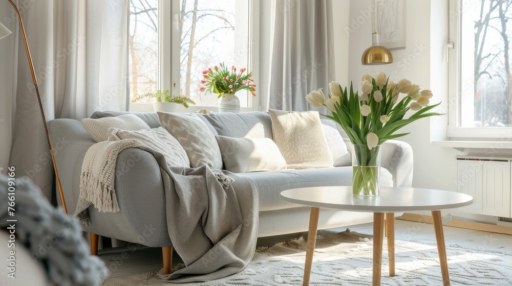 A grey sofa with pillows and a blanket is placed in a bright living room with a gold lamp, fresh
