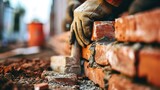 An up close view of an industrial bricklayer laying bricks on a building site