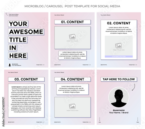 Microblog or carousel post template design for social media. Six page in portrait frame, minimalist 90's style with soft purple and pink gradient color theme.