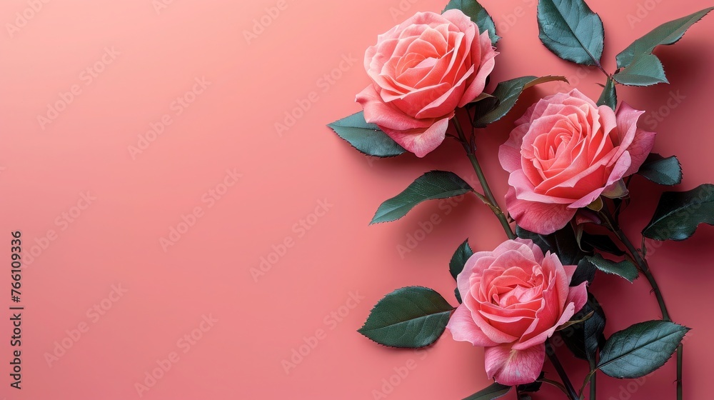 Minimalistic Pink Rose Bouquet on Flat Lay Pink Background - Top View Floral Composition