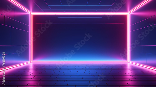 Empty room with neon lights  futuristic background for product presentation