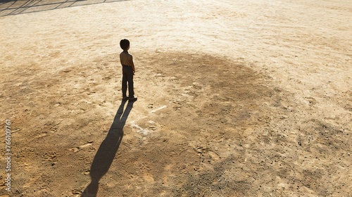 Boy positioned within a deserted baseball photo