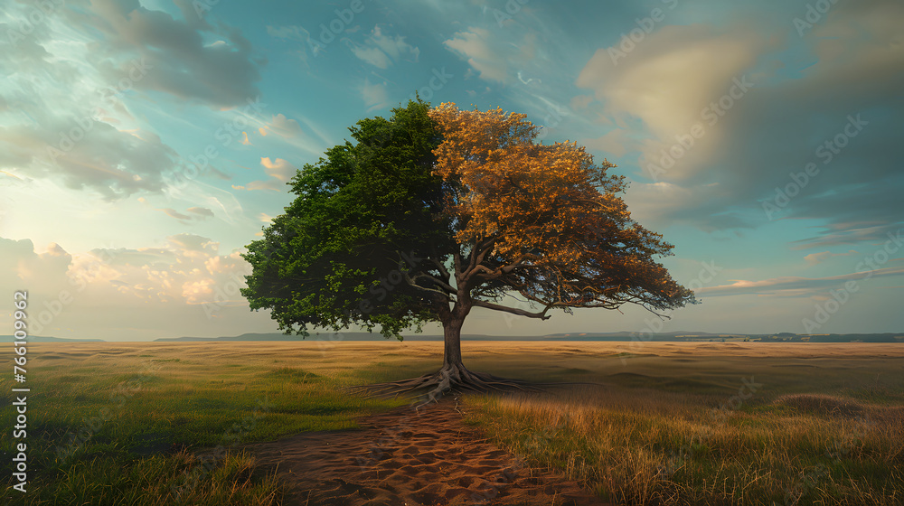 Fototapeta premium A tree in the middle of a field, with one half green and lush, and the other half dry and dead.