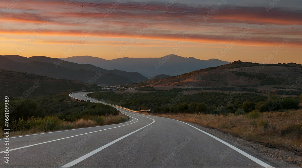 rental car in spain mountain landscape road at sunset .Generative AI
