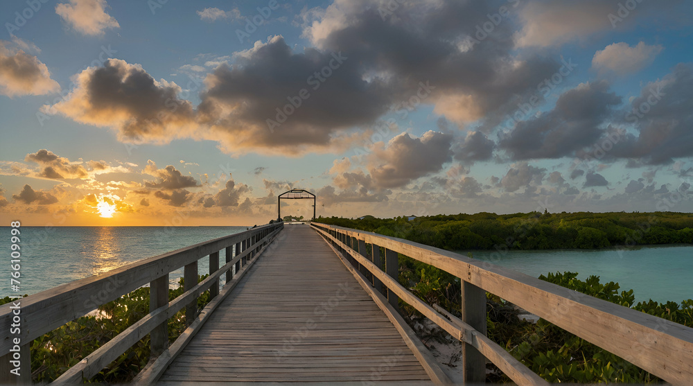  Panorama view of footbridge to the Smathers beach at sunrise - Key West, Florida.
 .Generative AI