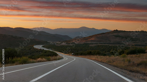 rental car in spain mountain landscape road at sunset .Generative AI  © adan